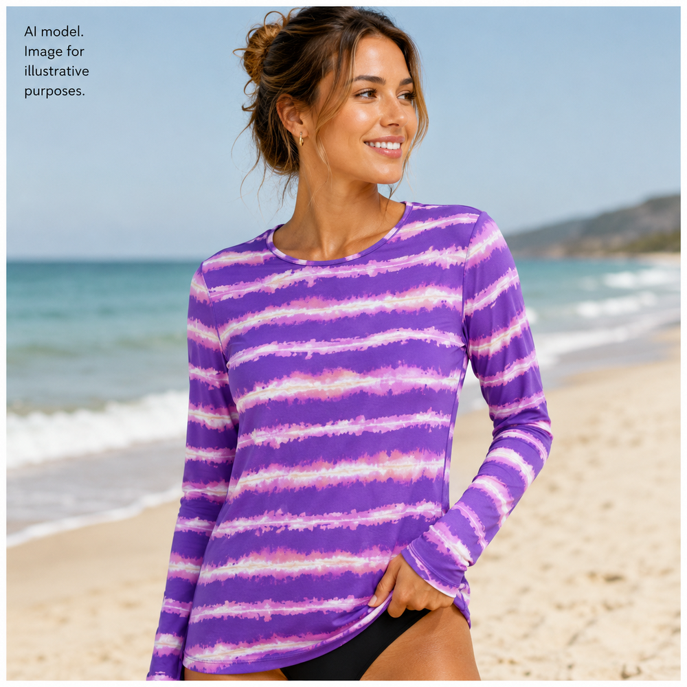 Lands' End Rash Guard Womens Small Purple Stripe Long Sleeve Swim Shirt UPF